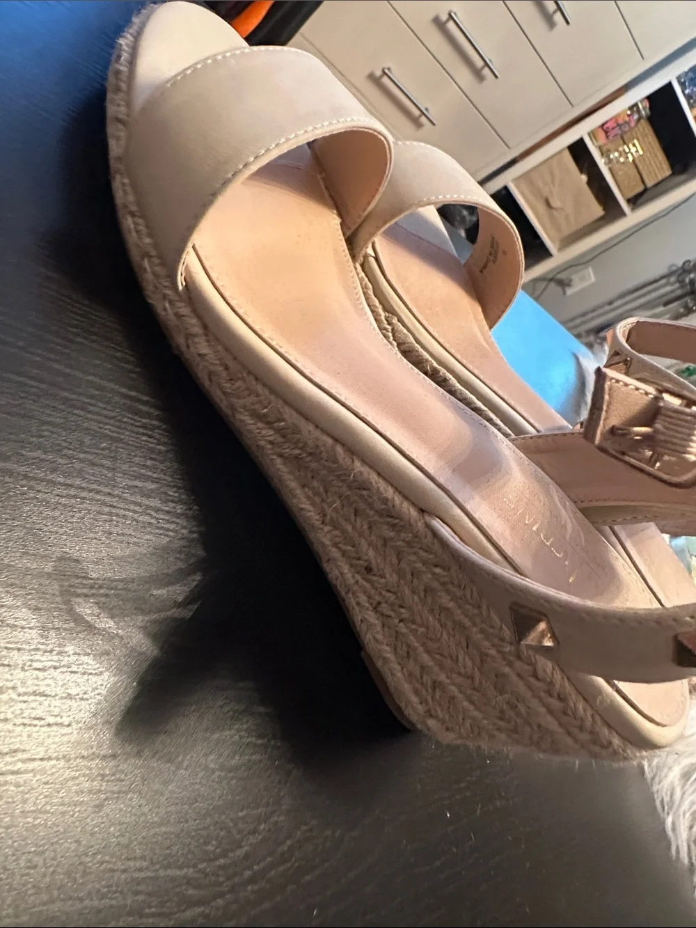 Catherine Malandrino Beige Studded Ankle-Strap Wedge Espadrilles